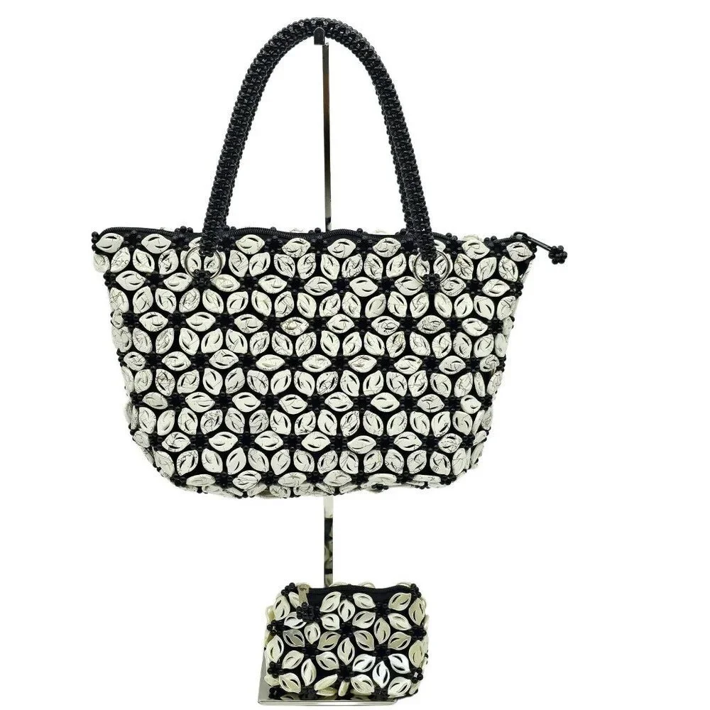 Vintage Glass Beaded Medium Black Pearl White Floral Shoulder Bag Coin Purse Set